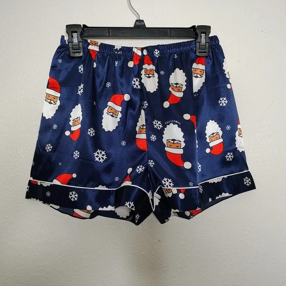 NWOT Ekouaer Navy Blue Santa Claus Print Satin Pajama Set Blouse & Shorts Sz S - Picture 15 of 15